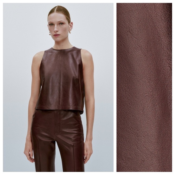 NWT. Massimo Dutti Limited Edition Brown Nappa Leather Top. Size M-L. - Picture 2 of 11